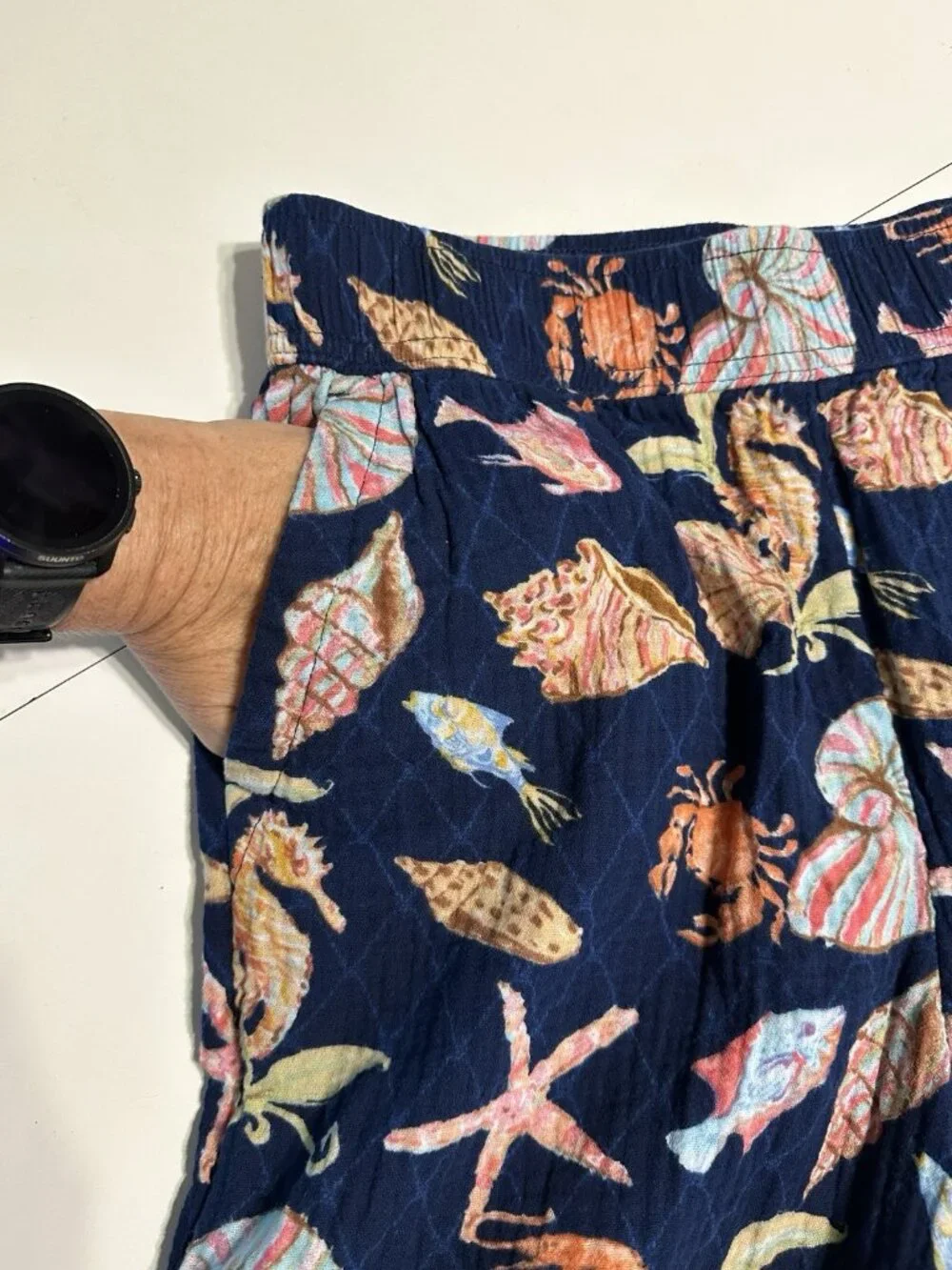 Talbots Medium Shorts Navy Seashell Beach Gauze Cotton Fish Cruise Vacation